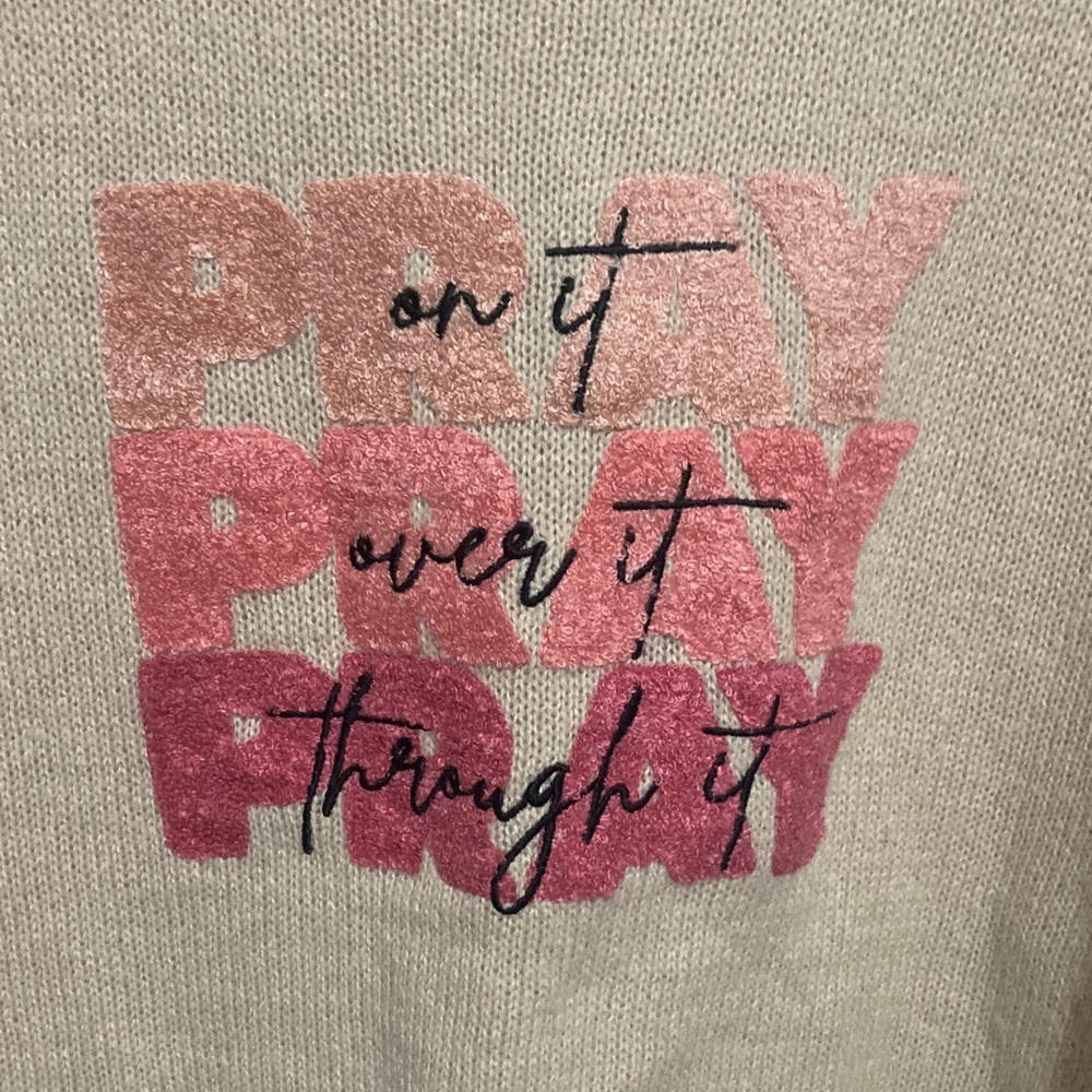 Pray on It Cozy Embellished Sweater, women’s size 2XL, Beige and Pink Oversized - Picture 4 of 11